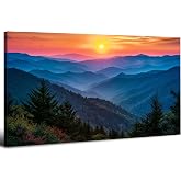Great Smoky Mountain Wall Art Sunset Blue Ridge Mountains Wall Decor for Living Room Vintage Forest Landscape Pictures Green Trees Misty Scenic Painting Canvas Prints Bedroom Home Decoration 20x40
