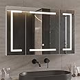 DICTAC Bathroom Medicine Cabinets with Mirror and LED Light, 3 Doors Wall Mounted Medicine Cabinet with Adjustable Shelves, Memory Dimmable 3 Color Temp, Built-in Power Outlets, 39.4''x23.6''