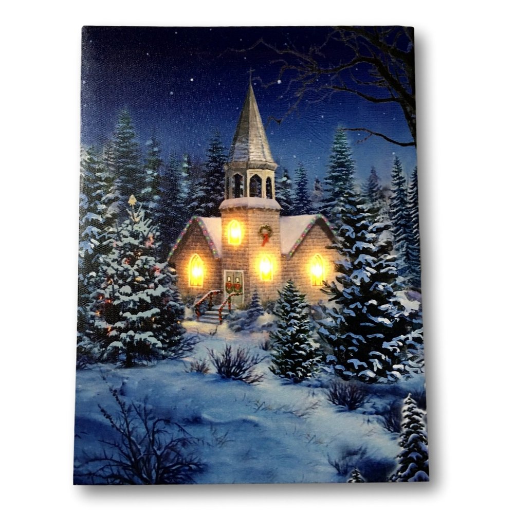 Christmas Wall Art Church at Night Picture with Fiber Optic LED Lights