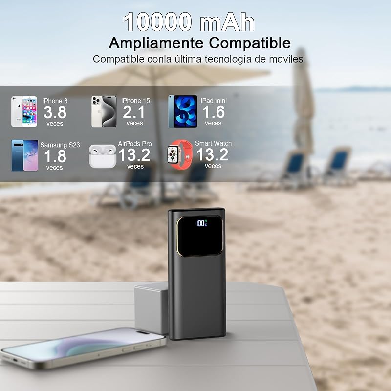 2026 Power Bank Fast Charging,Bateria Externa Carga Rapida 10000mAh 22.5W Cargador Portatil con Entrada y Salida USB C, Patalla LED para iPhone 17/16/15/14 Air Pro MAX Plus, para Samsung Android Negro — foto 4 de 7