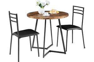 VECELO Small Round Kitchen Table with 2 Upholstered Chairs, 3-Piece Wood Dinette Sets with Steel Frame for Breakfast Nook, Dining Room, and Small Space, Brown