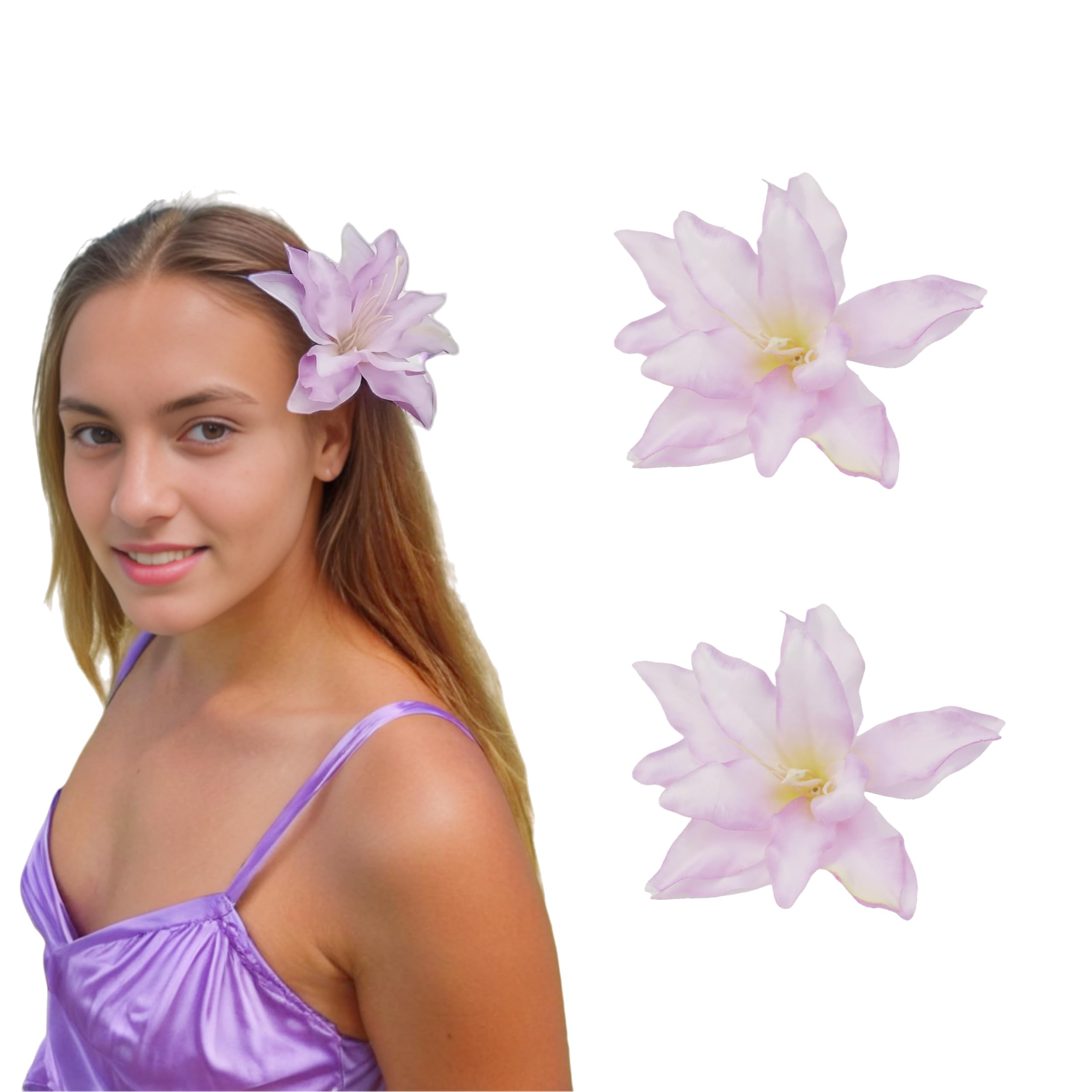 Photo 1 of 2 Packs Light Purple Flower Hair Clips Hawaiian Hair Accessories for Garden Wedding Parties Beach Holiday Birthday Mother's Day