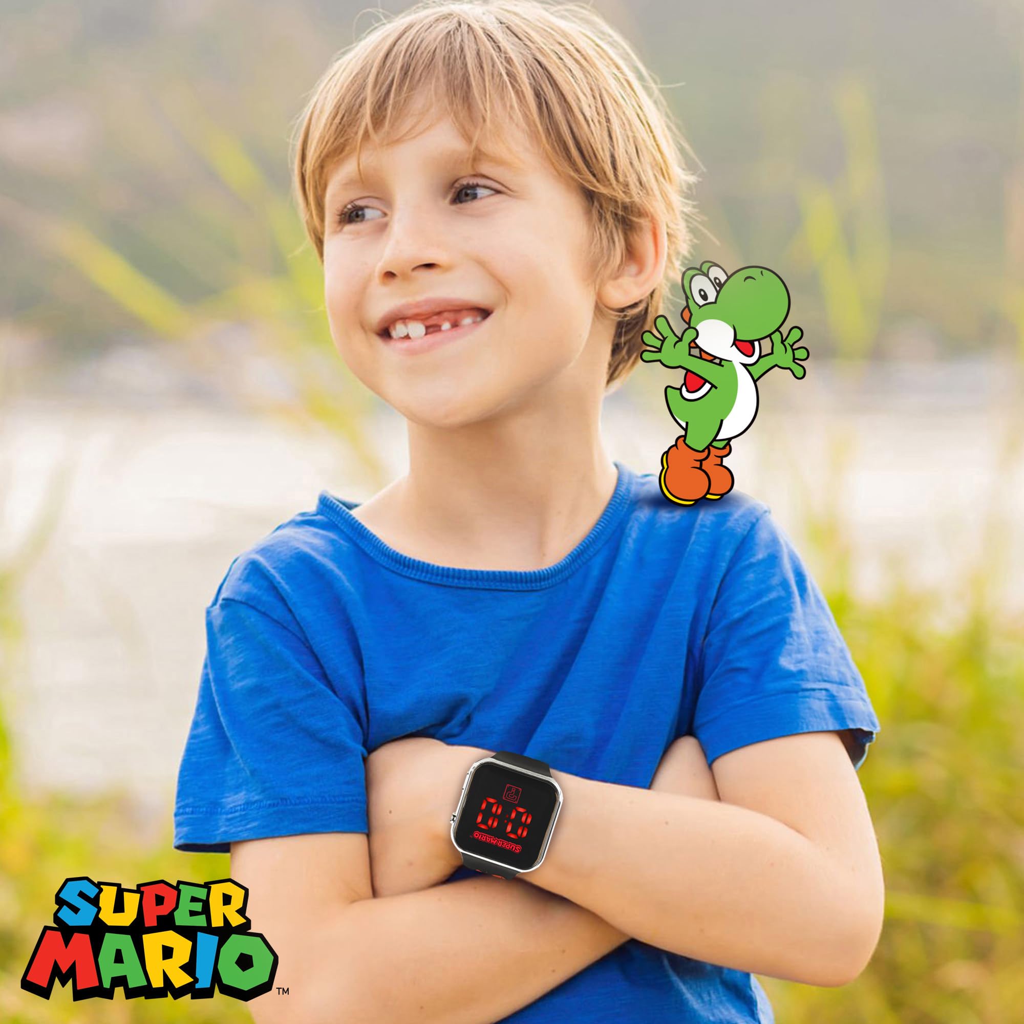 Accutime Nintendo Super Mario Kids LED Watch – Silver Plastic Case, Red LED Display, Iconic Mario Design, Durable Strap with Printed Artwork, Alloy Buckle, Fun Timepiece for Boys and Girls, Ages 6-12