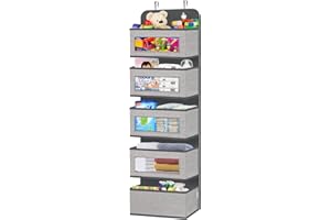 homyfort Over The Door Hanging Organizer Storage with 5 Large Pockets,Wall Mount Clear Windows and 2 Widened Metal Hooks for Pantry,Nursery,Diapers,Bathroom,Kitchen,Closet,Dorm(Grey)