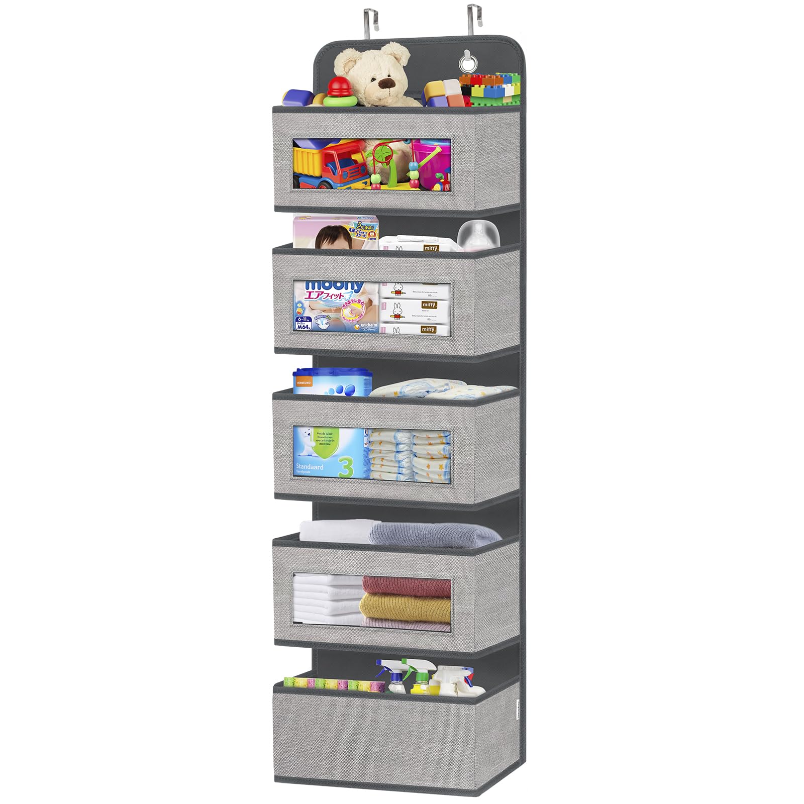 Photo 1 of **MISSING 1 HANGING BRACKET** homyfort Over The Door Hanging Organizer Storage with 5 Large Pockets,Wall Mount Clear Windows and 2 Widened Metal Hooks for Pantry,Nursery,Diapers,Bathroom,Kitchen,Closet,Dorm(Grey)