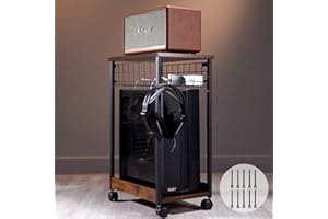 HOYRR Computer Tower Stand,pc Stand,Tower Stand,PC Stand for Under Desk,Black Metal PC Tower Stand,Vintage Wood PC Floor Stand,2 Layers with Storage Basket Computer Tower Stand Under Desk(Black)