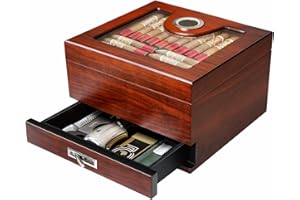 Flauno Cigar Humidor, Cedar Wood Humidor Cigar Box with Digital Hygrometer Calibratable, Accessories Drawer, Humidification System, Cigar Accessories Gift Sets for Cigar Lovers, Holds 30-50 Cigars