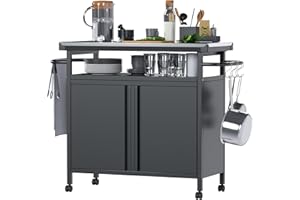 LOCENHU Outdoor Grill Cart with Storage on Wheels - 32 "H Outdoor Grill Table,Stainless Steel Top,Black,Hooks Not Included.