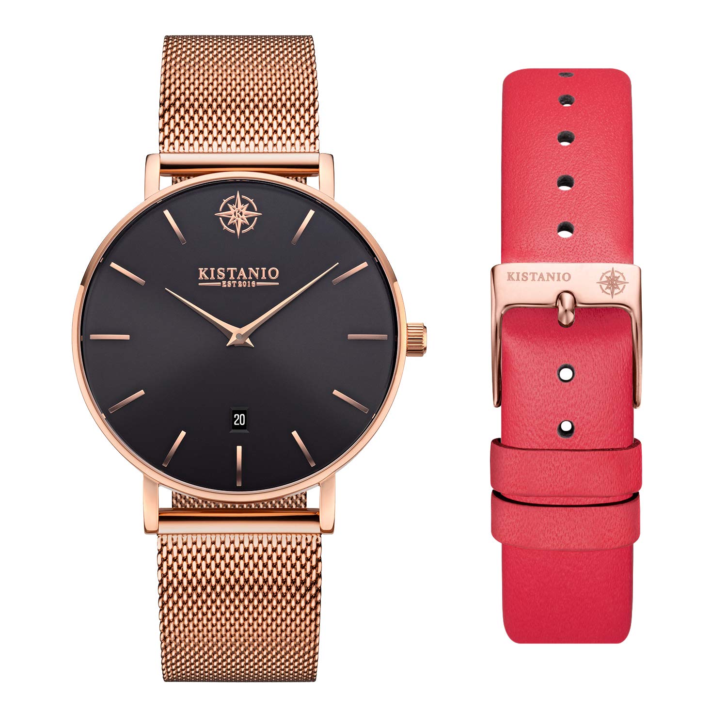 Kistanio Moyen Women's Watch with Sapphire Glass and Milanese Strap + Extra Leather Strap RG-BLKS-M-L-RTN