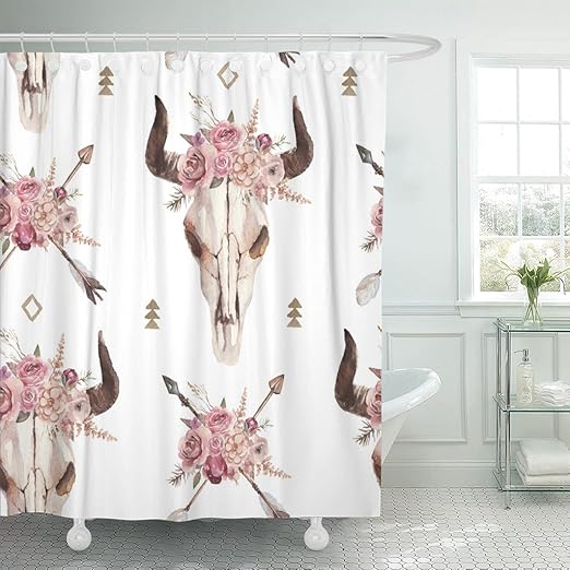 Amazon Com Emvency Shower Curtain Watercolor Boho Of Arrows Bull Skull Horns Floral Arrangement Waterproof Polyester Fabric 60 X 72 Inches Set With Hooks Home Kitchen