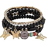 4Pcs Set Bohemian Butterfly Crystal Stone Stretch Pendant Bracelets for Women Gold Beaded Stackable Stretch Bracelet Colorful Charm Jewelry Boho Summer Beach