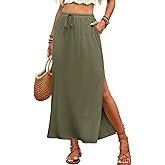 ELLEVEN Linen Straight Maxi Skirt with Side Slit - Elastic Waist Drawstring Long Flowy Ankle-Length Skirt with Pockets