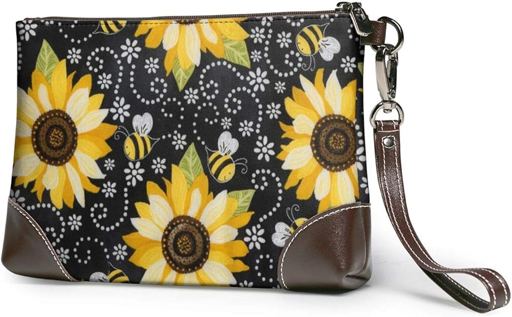 Sunflower Bees Clutch Purses Leather Handbag Wristlet Clutch Wallet