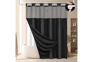 FADOTY No Hook Shower Curtain and Liner Set, Black Snap in Shower Curtain Ringless Chevron Tufted Cloth Waterproof Washable Fabric Bath Curtain with See Through Top Window for Bathroom Hotel 71" x 74"