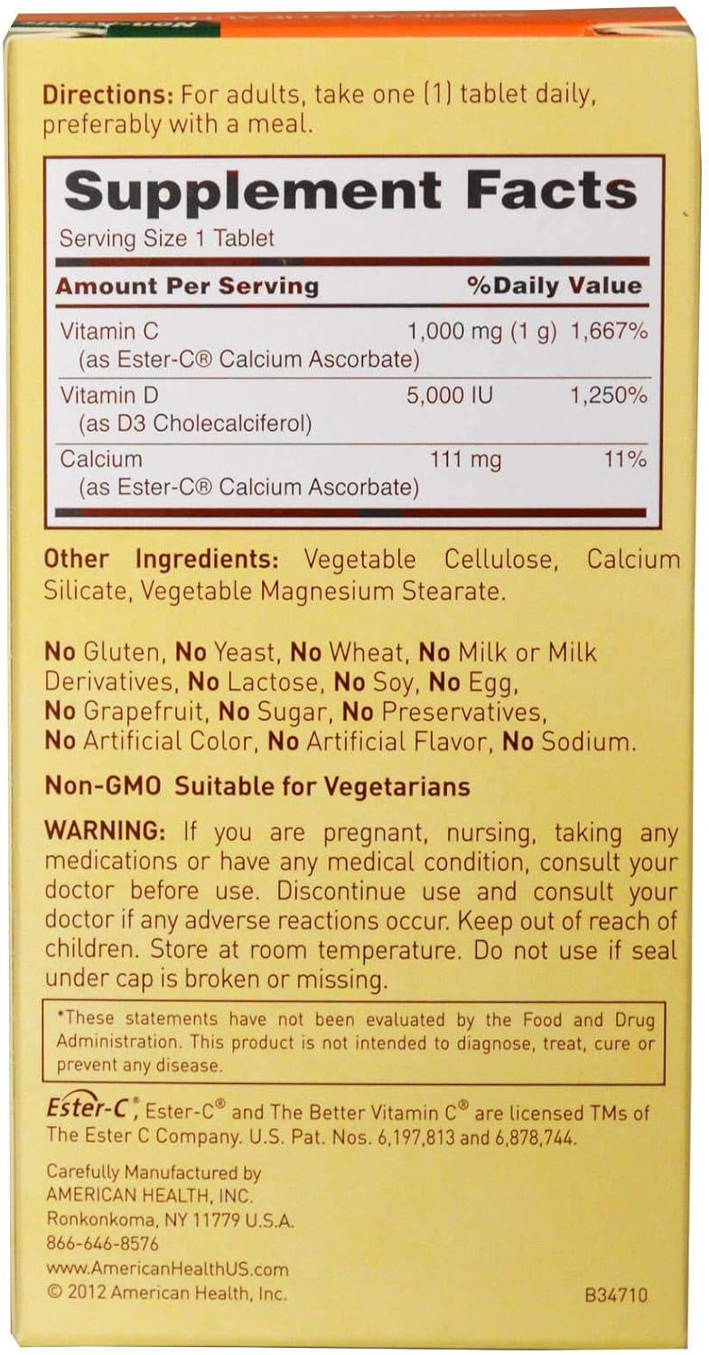 daily vitamin d on Amazon Com Ester C With D3 With 1000mg Non Acidic Ester C And 5000iu Vitamin D3 Once Daily As A Dietary Supplement 60 Vegetarian Tablets Pack Of 2 Health Personal Care