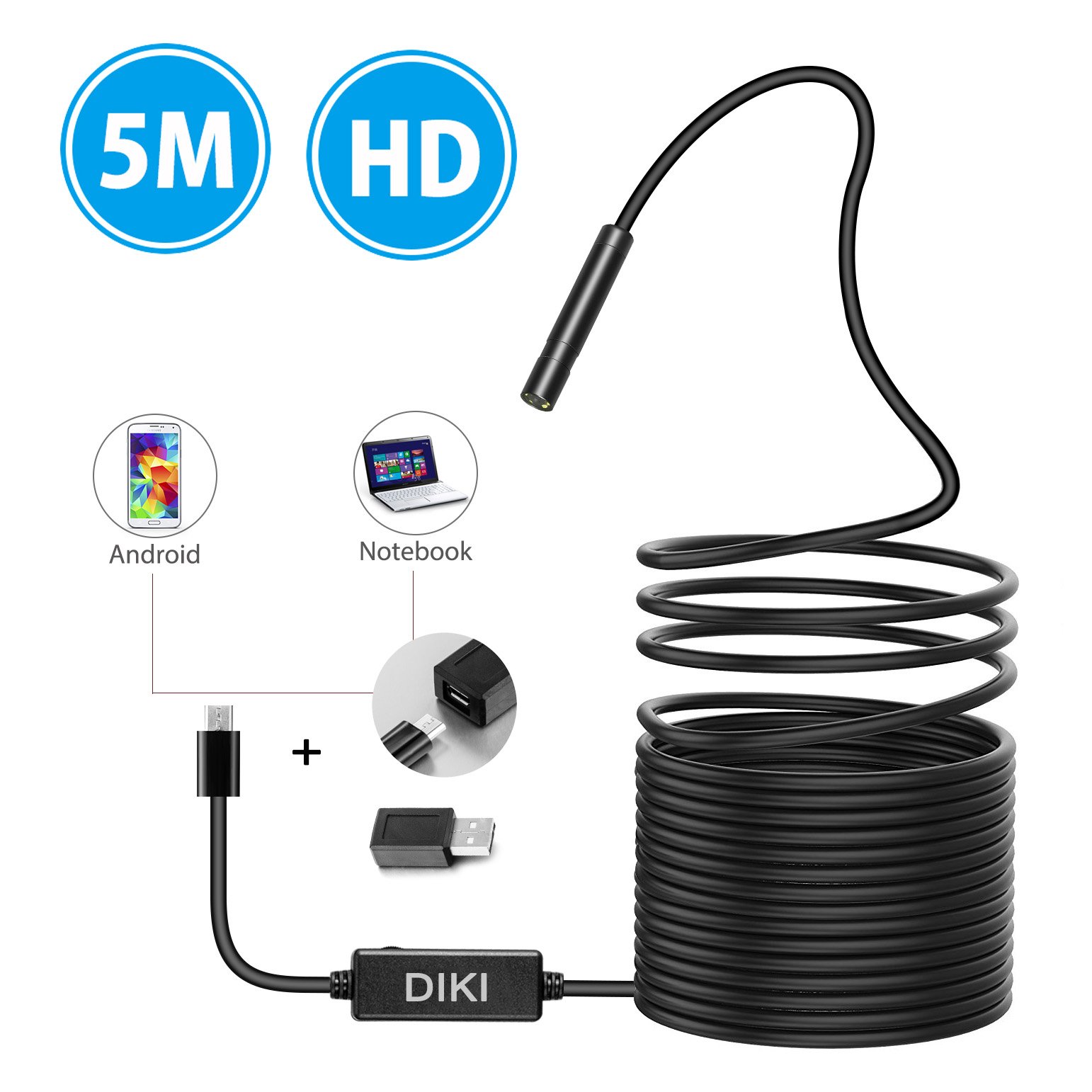 USB Endoscope for Android - DIKI 2 in 1 Waterproof Endoscope Inspection Camera with 6 Led and 5M Snake Cable with USB Adapter for Android Phone Tablet Device - 16.5FT