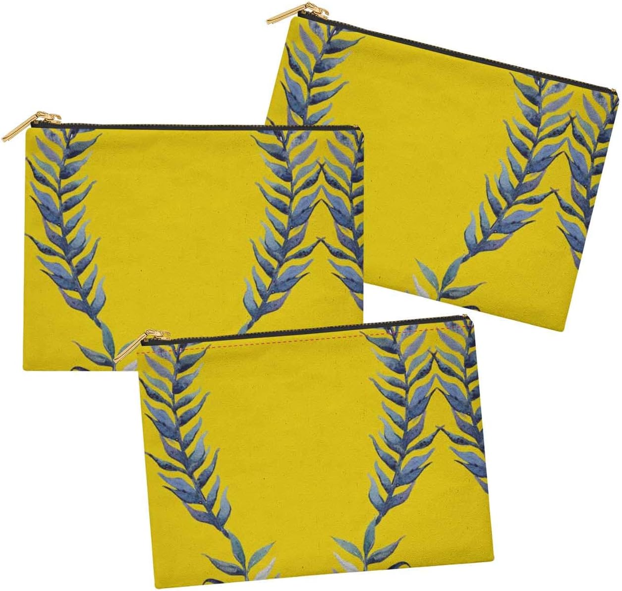 S4Sassy Yellow Laurel Leaves 3 Pc Printed Multipurpose Zipper Make Up Pouch Toiletry Bag Organizer-6 x 8 Inches