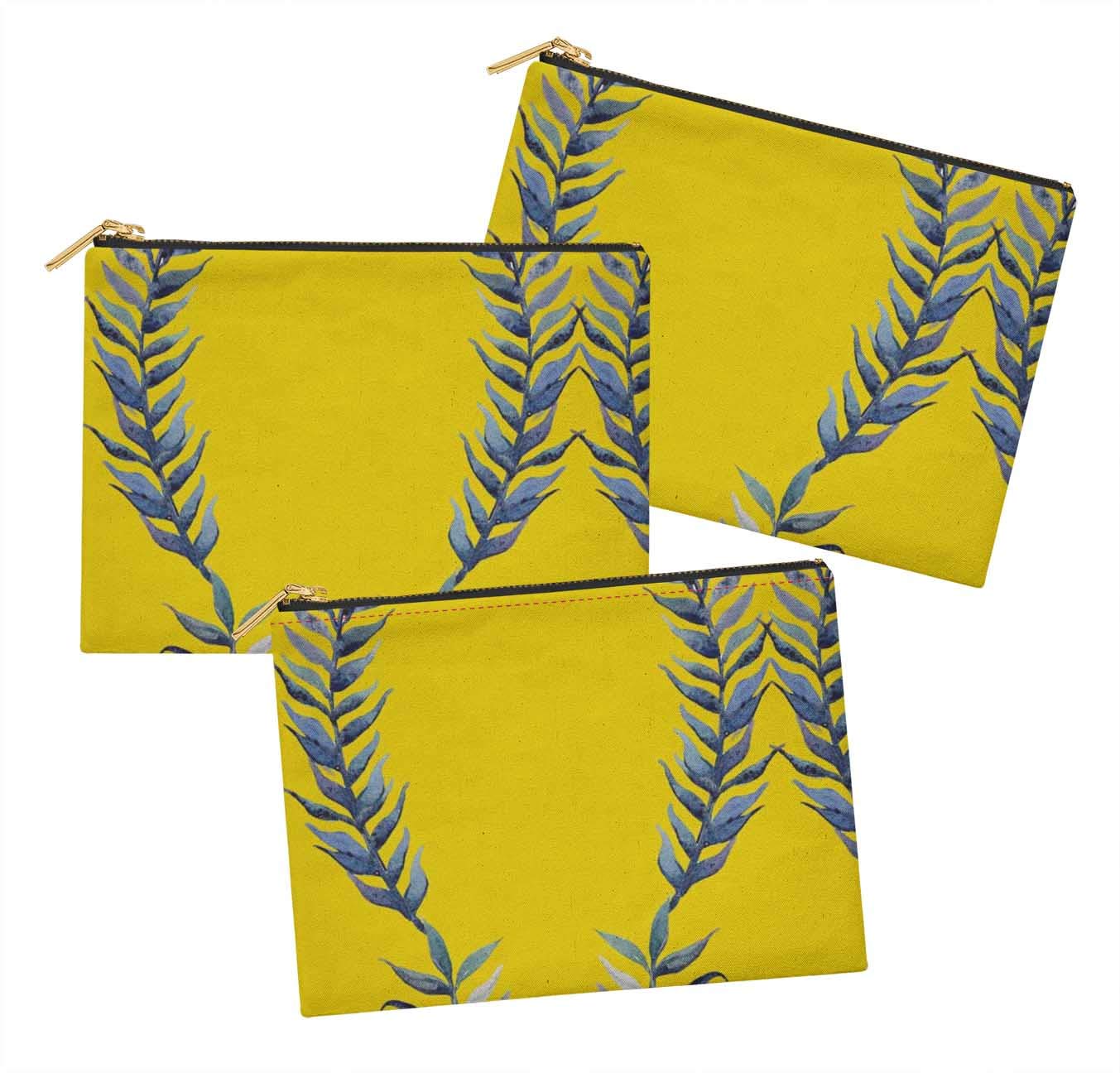 S4Sassy Yellow Laurel Leaves 3 Pc Printed Multipurpose Zipper Make Up Pouch Toiletry Bag Organizer-6 x 8 Inches