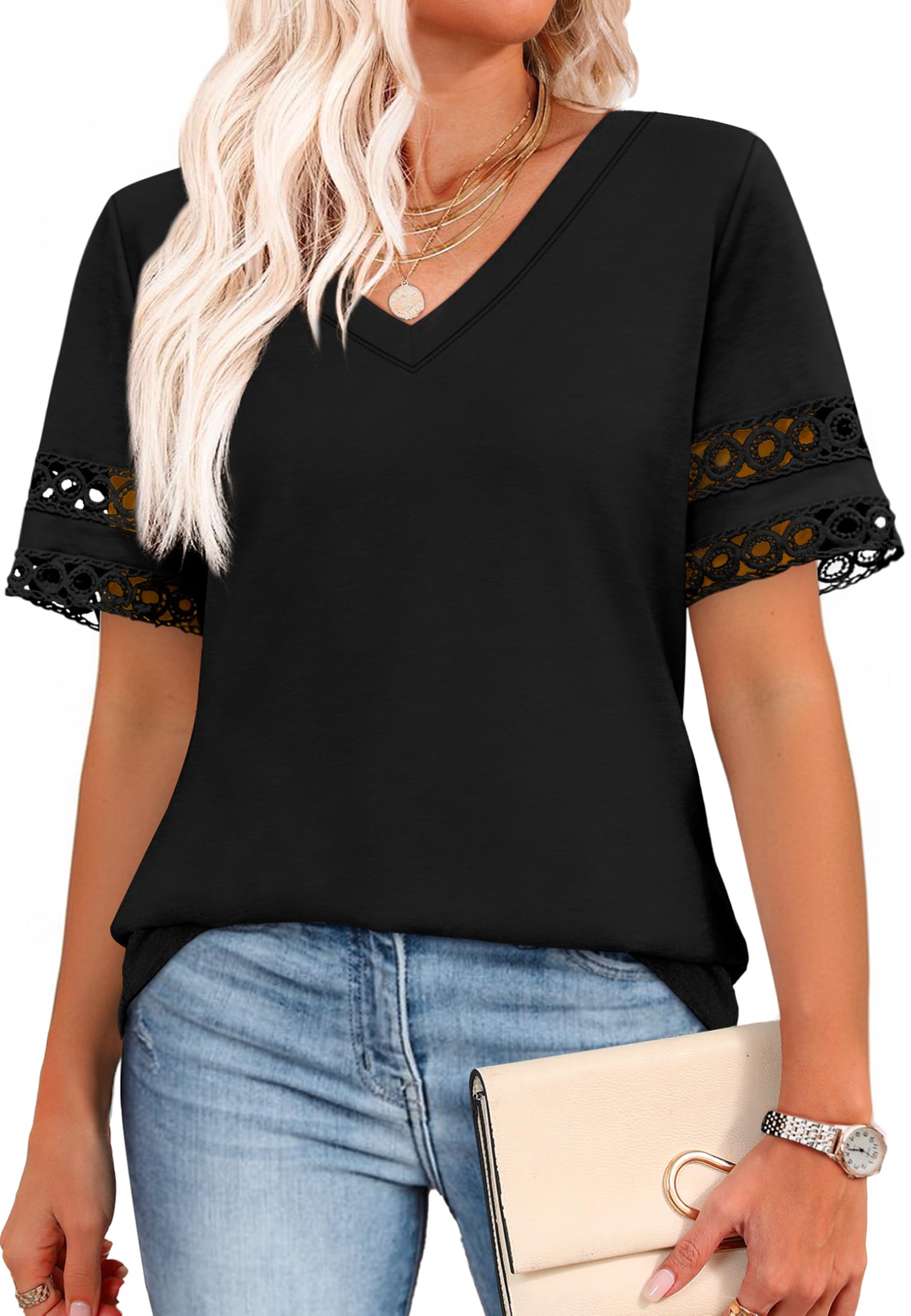 Photo 1 of Blouses for Women Tops Trendy V Neck Short Sleeve Shirts Spring Fashion Clothing Business Outfits Casual Beach Vacation Clothes Black M