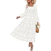 ZESICA Women's 2026 Spring Floral Midi Dress Long Sleeve Smocked Flowy Long Wedding Guest Vacation Dresses