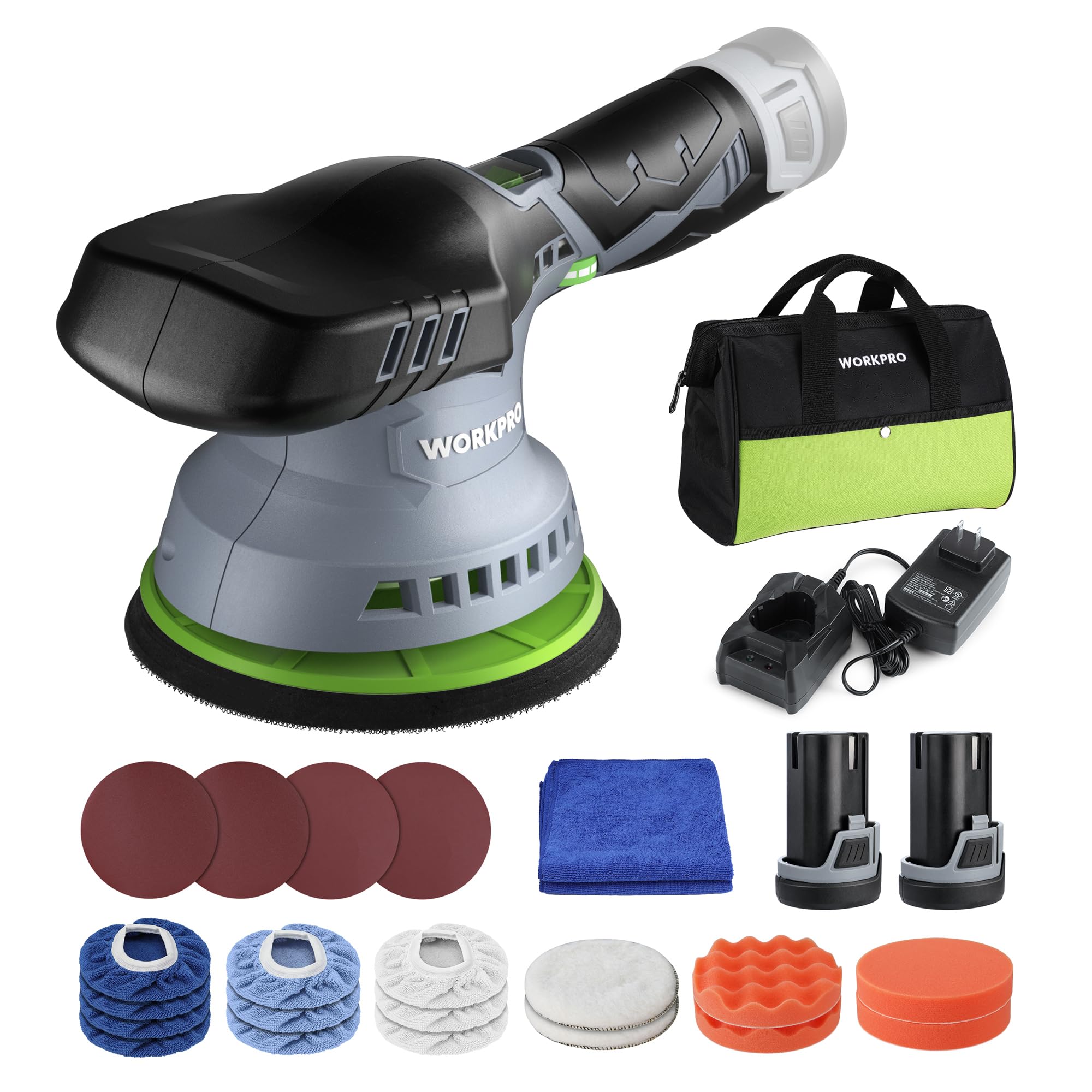 Photo 1 of WORKPRO 6-Inch Dual Action Car Buffer Polisher with 2 x 12V Rechargeable Batteries, Orbital Polisher with Adjustable Speed, Car Detailing Scratch Removing Kit