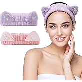 FlyingMage Spa Headband for Washing Face, 2 Pack Cute Cat Ear Hair Band for Shower Yoga Beauty, Fluffy Makeup Headband, Kawaii Facial Headbands for Woman Girls, Dark Pink+Purple Heart