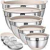 Umite Chef Mixing Bowls with Airtight Lids Set, 8PCS Stainless Steel Khaki Nesting Bowls with Grater Attachments, Kitchen Bowls with Non-Slip Bottoms, Size 5, 4, 3.5, 2, 1.5QT for Mixing & Serving