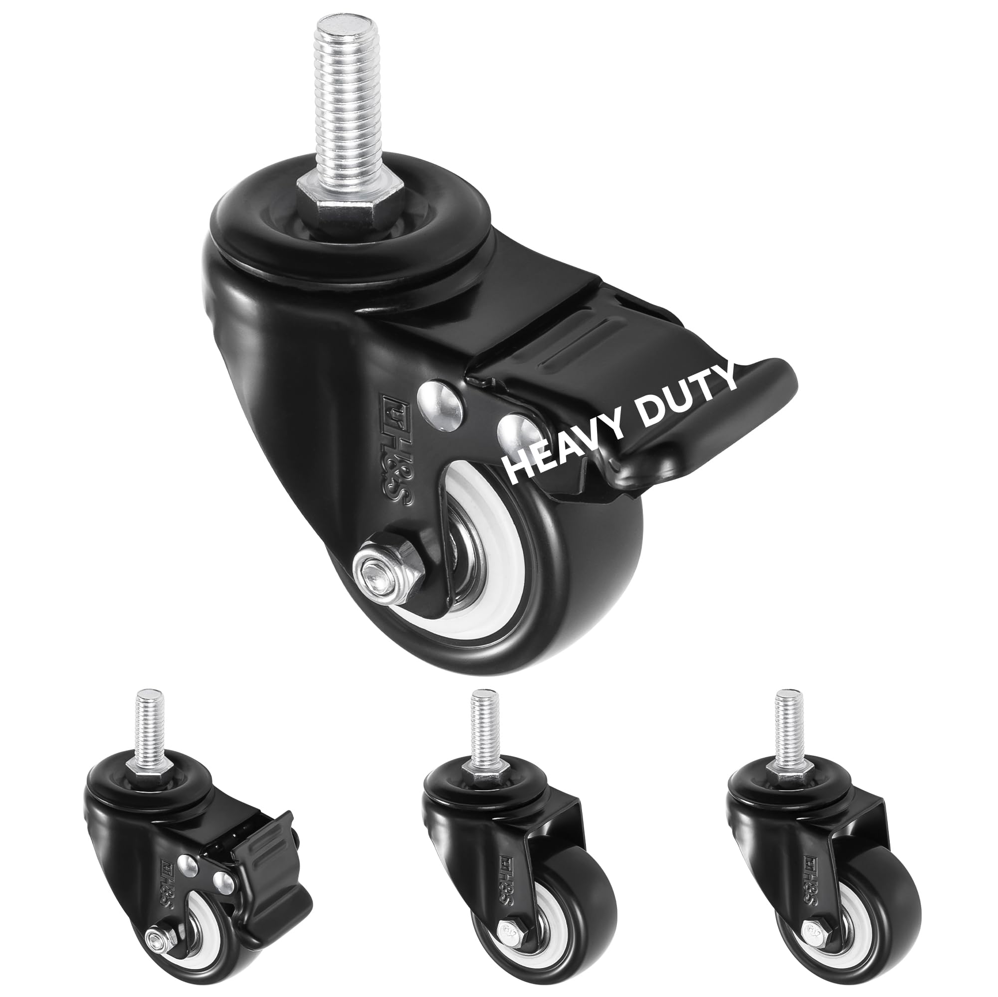 H&S 4 Castor Wheels Heavy Duty 200KG 50mm PU Swivel Trolley Furniture Caster with Brakes Black - Screw