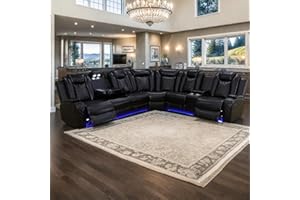 AYCP FURNITURE Power Recliner Sofa Sectional Sofa with LED Light for Living Room, Air Leather Reclining Corner Sectional Sofa Set, Cup Holder, Storage Console for Home Theater Seating (Black, Sectional)