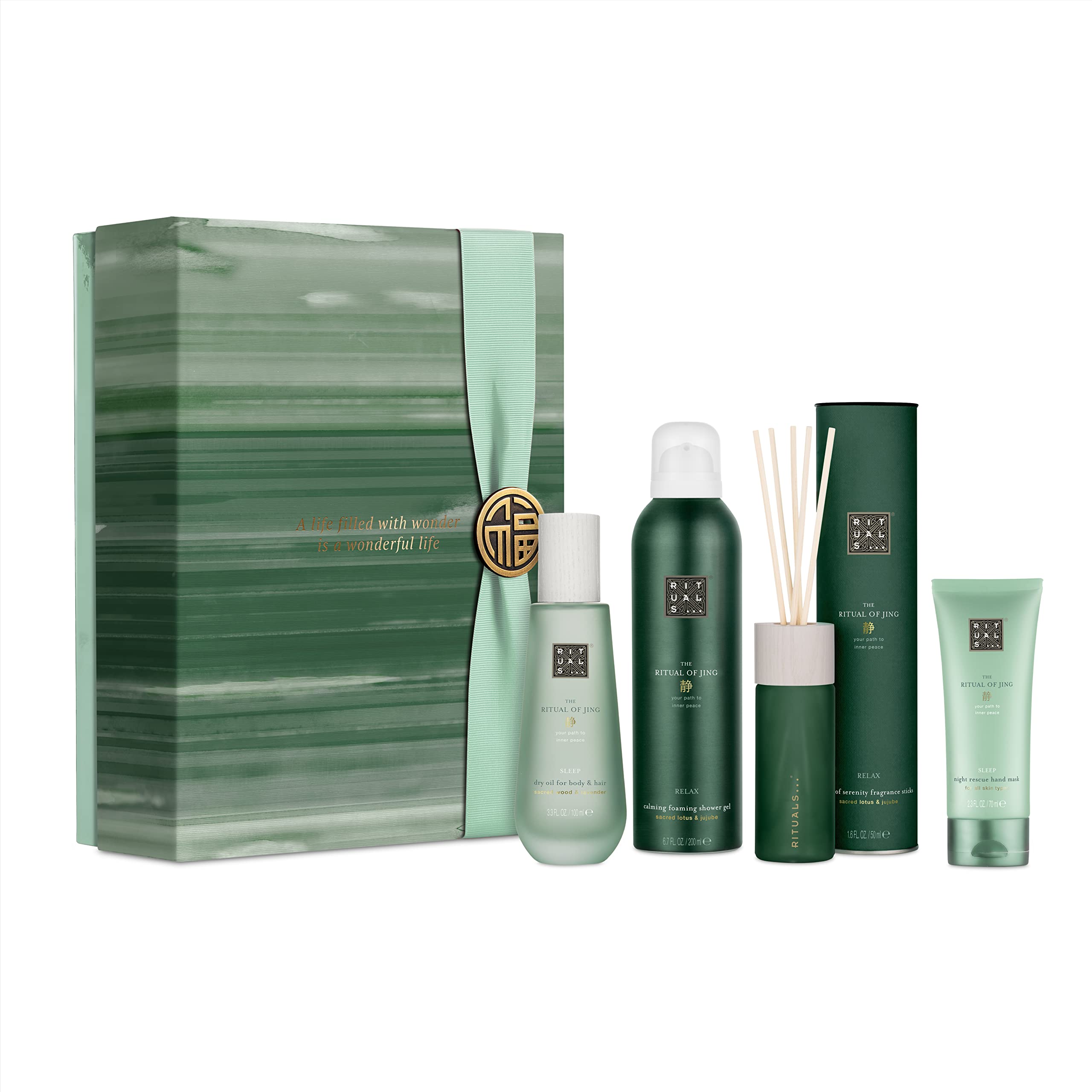 RITUALS Gift Set For Women from The Ritual of Jing - Shower Foam, Dry Oil Body & Hair, Hand Mask & Mini Fragrance Sticks - With Sacred Lotus & Jujube - Large