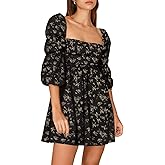 EXLURA Womens 2026 Square Neck Dress Long Puff Sleeve A-Line Casual Short Mini Dresses