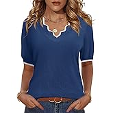 LOMON Womens 2026 Spring V Neck Sweater Casual Tops Short Sleeve Lightweight Ribbed Knit Pullover Sweaters