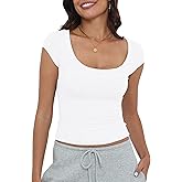 Artfish Women's Short Sleeve T-Shirts Low Scoop Neck Slim Fitted Ribbed Knit Casual Longer Crop Top