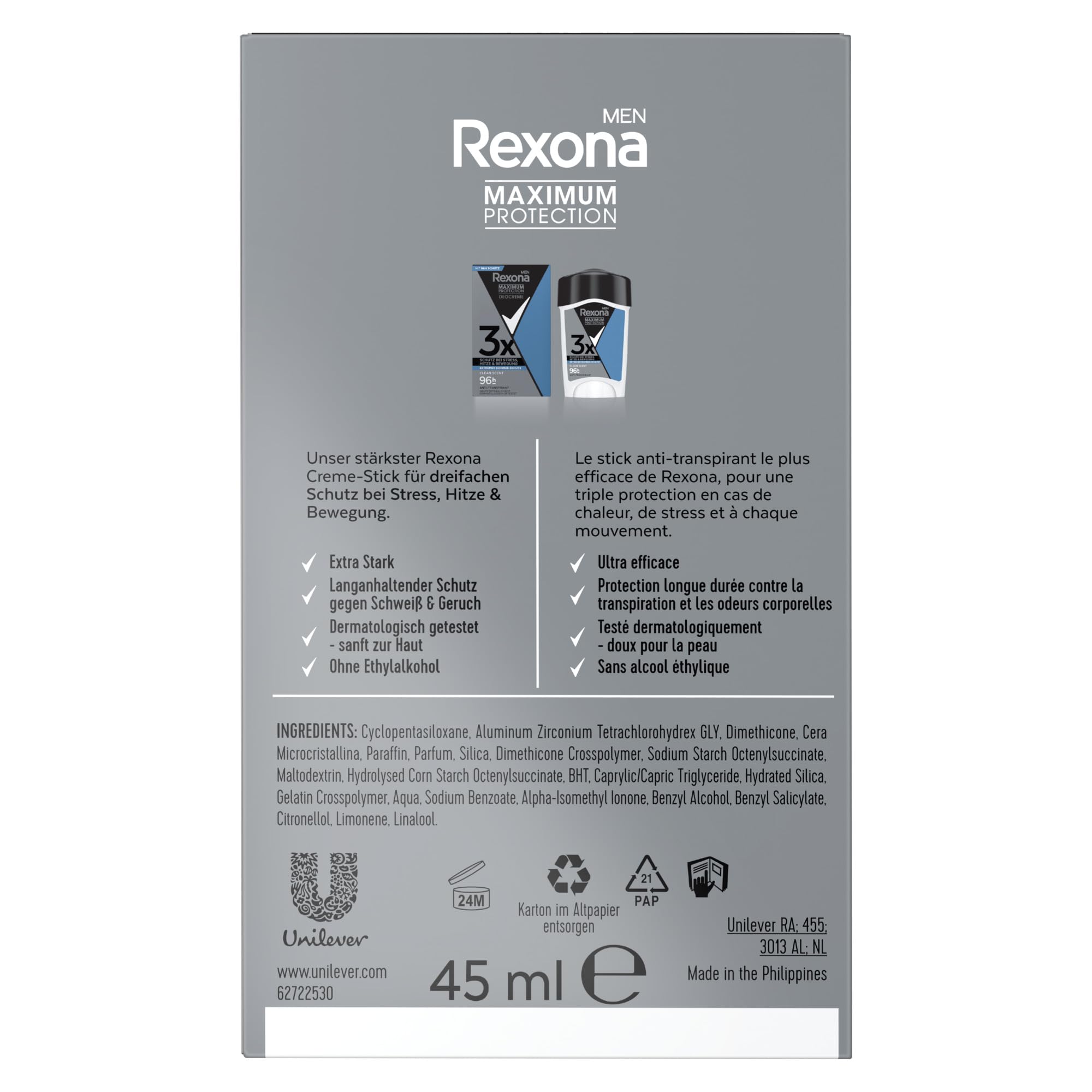 Rexona Men Maximum Protection Anti Transpirant Deo Creme Clean Scent Deodorant mit 96 Stunden Schutz gegen starkes Schwitzen und Geruch mit 3x Schutz bei Stress, Hitze & Bewegung 45 ml 4
