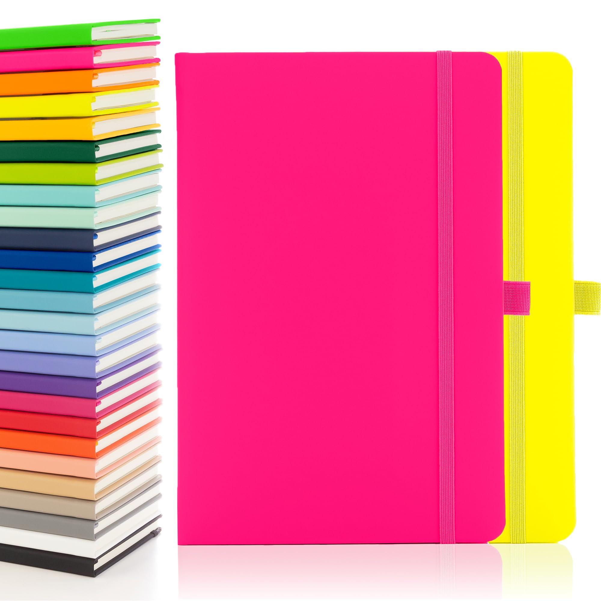 Notes London 2 x Eco A5 Notebook with Lined Pages, Pen Loop, Ribbon, Date Marks and Paper Pocket, Medium Hardback Journal, Note, sustainably sourced paper (Neon Pink & Neon Yellow)