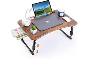 BYMECOST Laptop Desk for Bed, Height Adjustable Laptop Bed Table, Foldable Portable Lap Desk Stand with USB/Storage Drawer/Cup Holder/Slot, Breakfast Tray for Working Reading Writing Eating