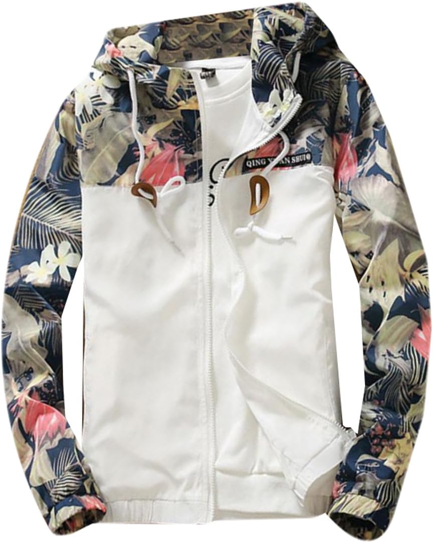 Genhao Mens Floral Long Sleeve Hooded Jacket Coat White US S