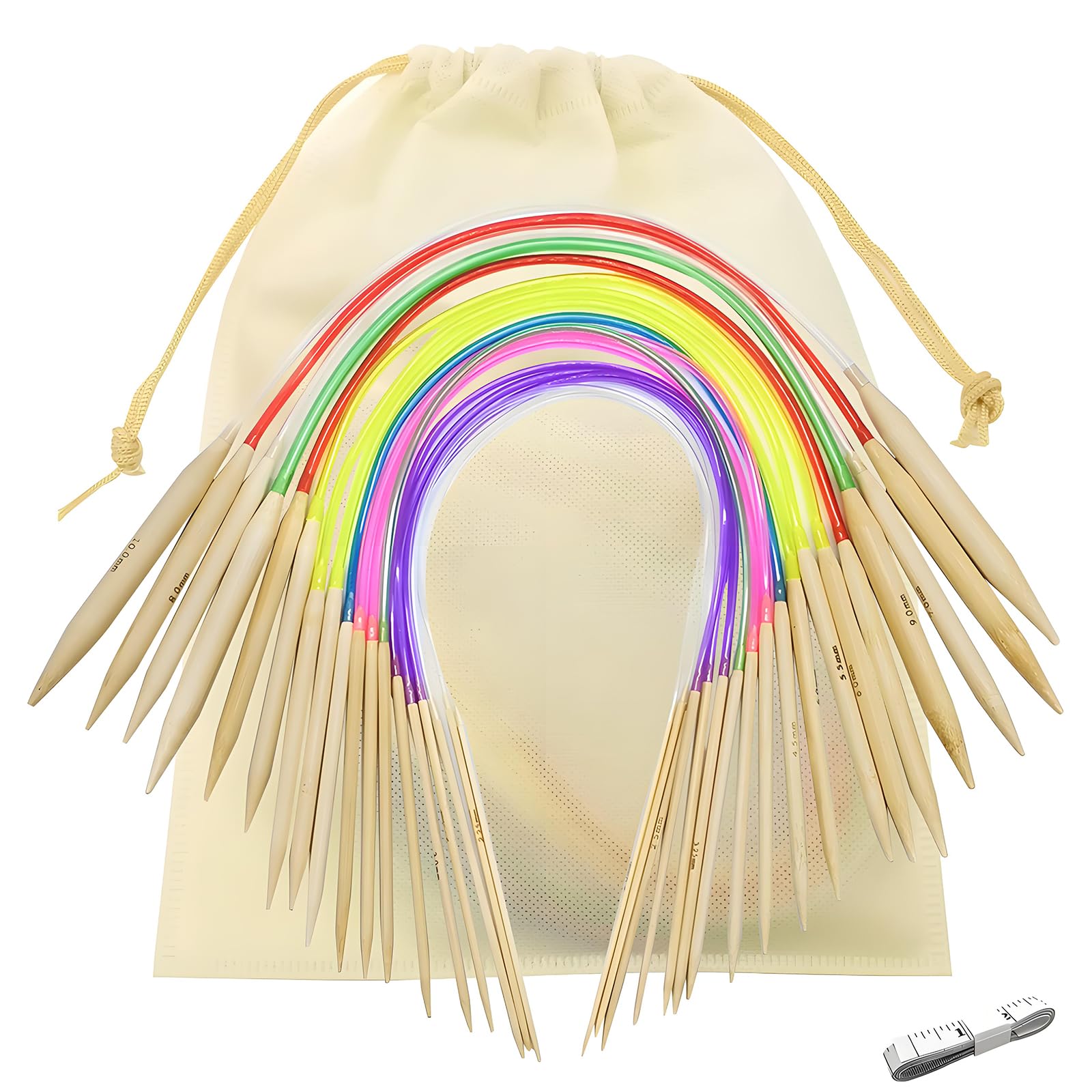 Circular Knitting Needles Set, 18 Size Bamboo Round Knitting Needles Set Double Pointed for Hats Gloves Socks Scarfs (Colorful, 40cm) — image 1