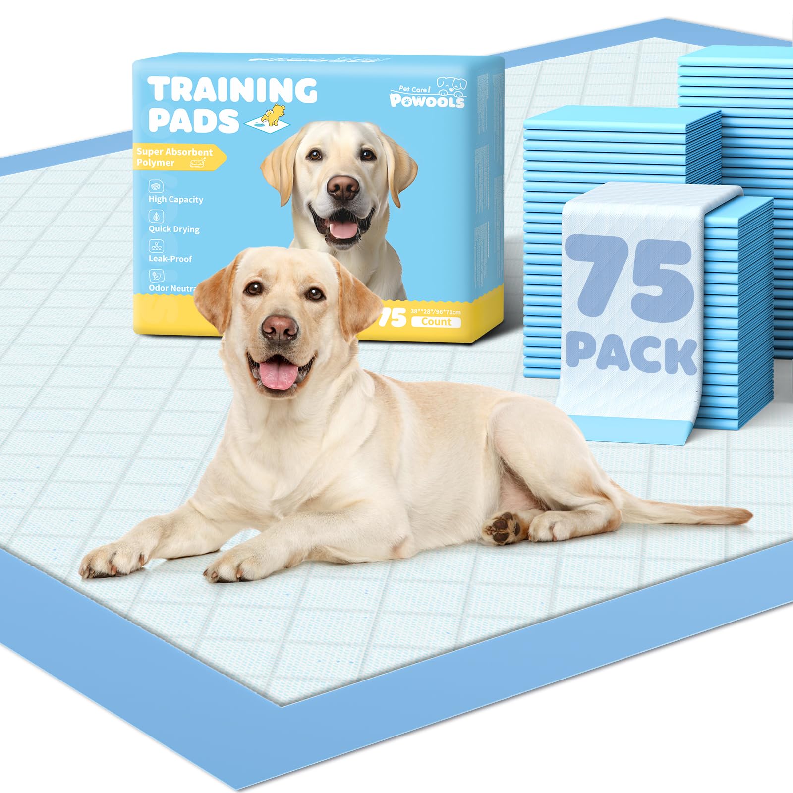 Photo 1 of Powools 75-Pack XX-Large Puppy Pads - 38" x 28" Pee Pads for Dogs Potty Training with Leak-Proof Quick-Dry Design, 6-Layer Wee Wee Pads for Dogs, Blue