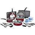 BELLA Nonstick Cookware Set with Glass Lids - Aluminum Bakeware, Pots and Pans, Storage Bowls & Utensils, Compatible with All Stovetops, 21 Piece, Red