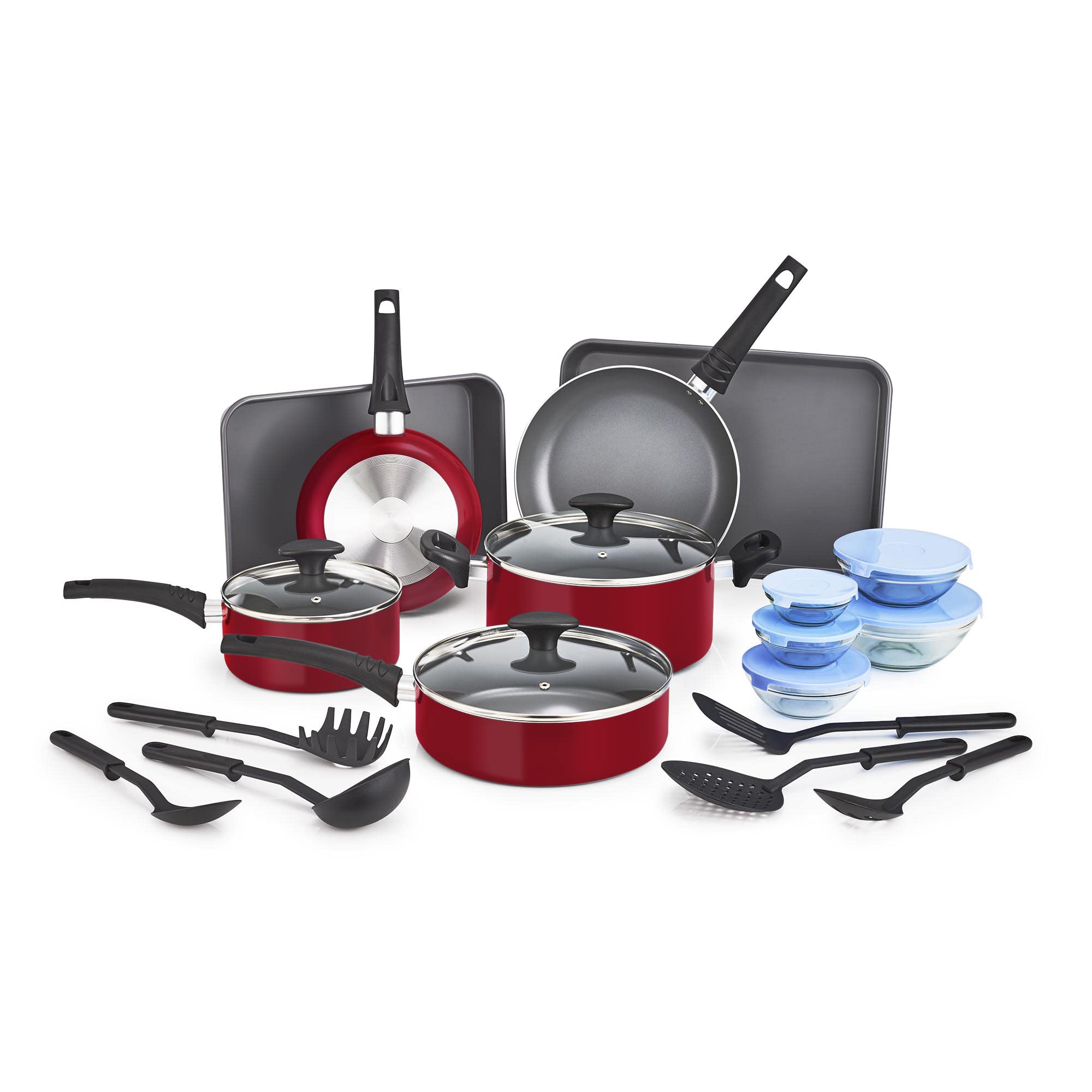 BELLA Cookware Set with Glass Lids - Nonstick, PFOA Free and Scratch Resistant Surface, Aluminum Bakeware, Pots and Pans, Storage Bowls & Utensils, Compatible with All Stovetops, 21 Piece, Red Image