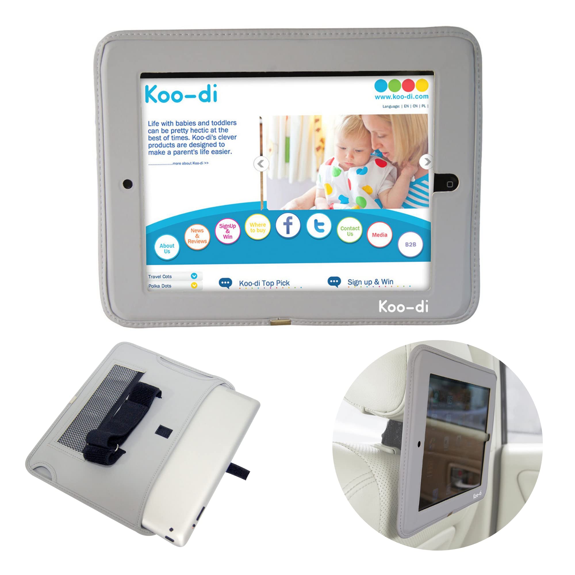 Koo-Di Stay Tuned Tablet Holder for Car - Grey | Headrest Tablet Holder for Travel | Universal Fit for iPad, Amazon Fire & 10.1 Inch Tablets | Hands-Free Backseat Viewing for Kids & Road Trips