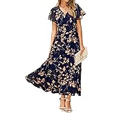 Simplee Womens Floral Maxi Dress Short Sleeve Summer Boho Wedding Guest Dress Empire Waist Chiffon Modest Midi Dresses