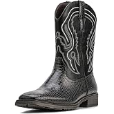 JASONSTAR Cowboy Boots for Men, Faux Snake Skin Western Boots with Embroidery, Square Toe Mid-Calf Pull-on Boots for Riding, Rodeo, Country Concerts