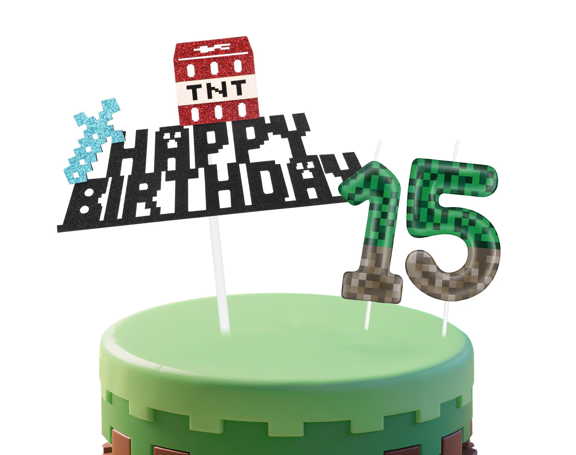 Cartoon Game 15th Birthday Candles,Video Game 15th Birthday Decorations for Boy Girl,Green Number 15 Candle for Cake,Pixel Gaming Themed Cake Decorations for Boys Girls Birthday Party Supplies