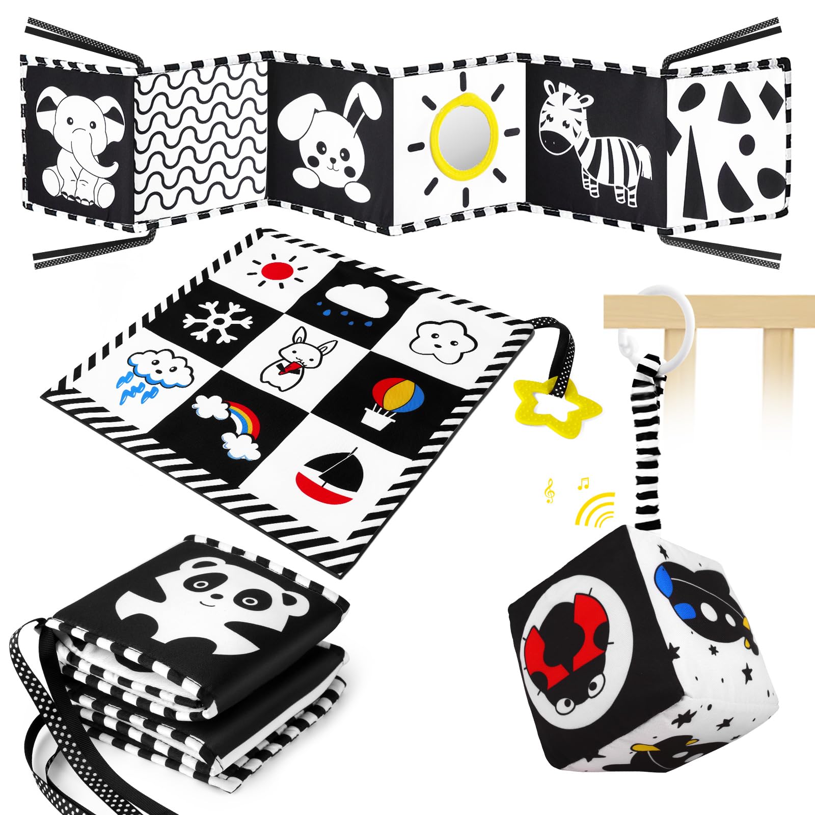 Aolso Black and White High Contrast Sensory Toys, Baby Sensory Toys Set, Baby Infant Newborn 0-3-6-9-12 Months, Montessori Toys with With Teether, Rattle for Babies Sensory Soft Book