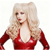 Rugelyss Long Wavy Blonde Pigtail Wigs for Women with 2 Claw Ponytails Synthetic Hair wig with bang fits for Cosplay or Cotume Party