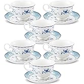 fanquare 5 Ounces Blue Rose Tea Cup Set of 6, Gold Trimmed Porcelain Coffee Cups for Party Home, Vintage British Afternoon Cup and Saucers