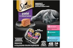 Sheba Perfect Portions Wet Cat Food Pate with Sustainable Salmon, Signature Seafood Entree, and Tender White Fish and Tuna Entree Variety Pack, 2.6 oz. Twin Pack Trays (24 Count, 48 Servings)