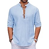 COOFANDY Men's Cotton Linen Henley Shirt Casual Beach Hippie Shirts Long Sleeve T-Shirts